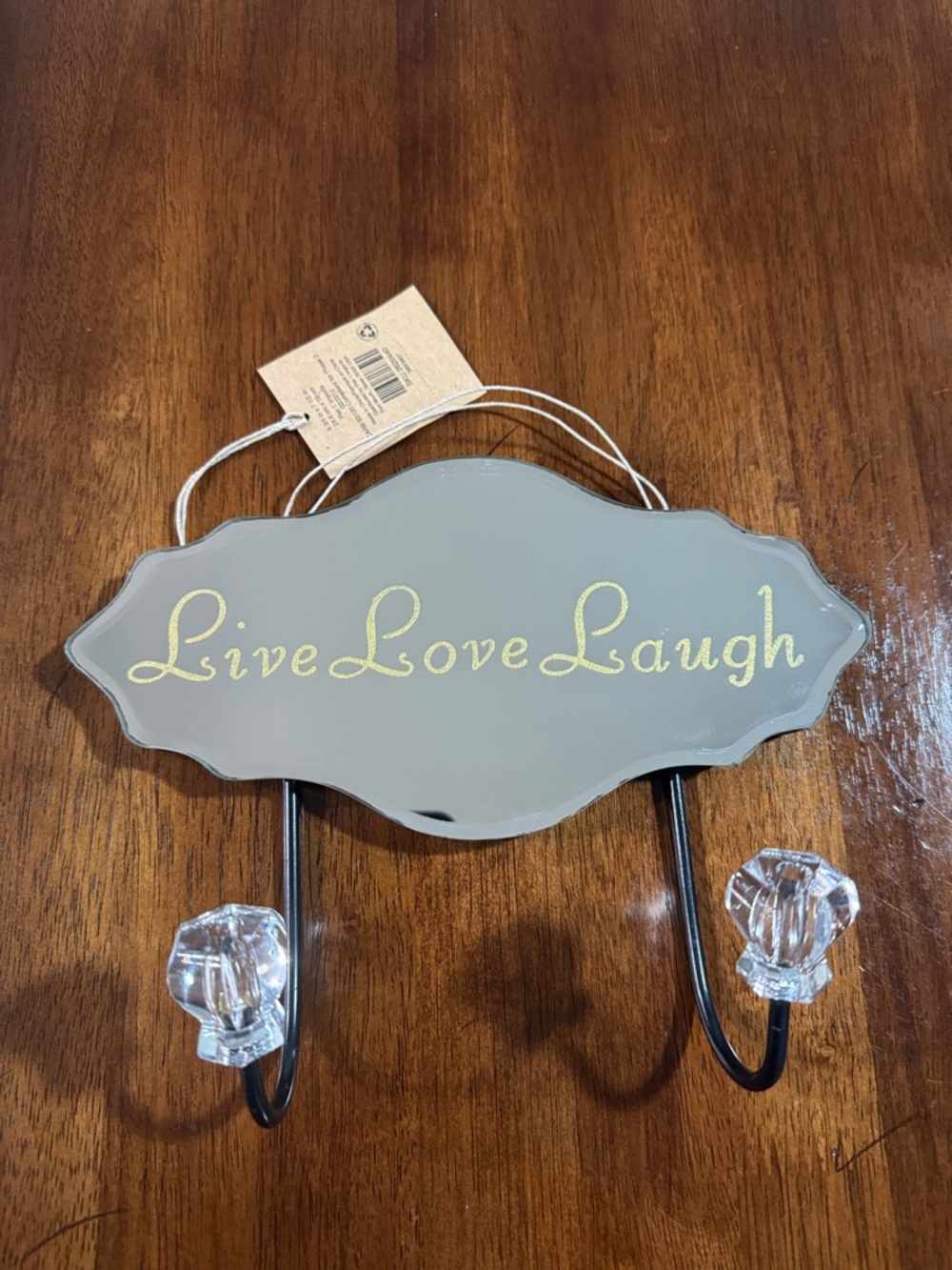 Pier 1 Gray Wall Hook Plaque with Gold Script and Clear Crystal Knobs
